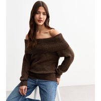 Women's Brown Knit Foldover Bardot Jumper New Look | New Look (UK)