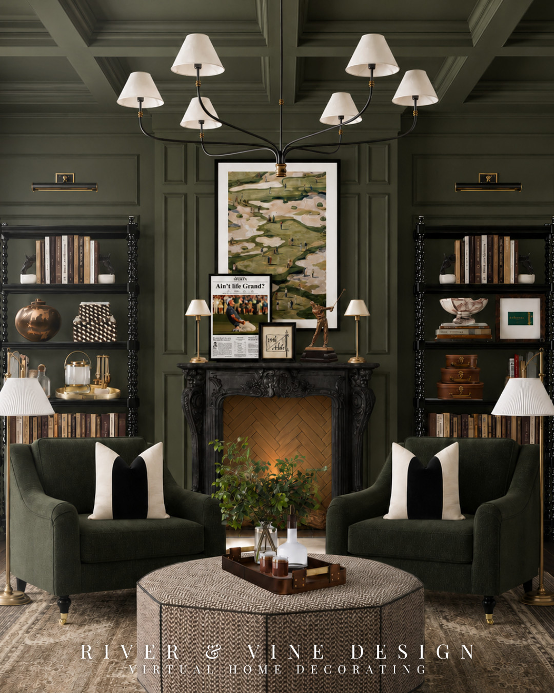 A dark room feels inviting—not heavy—when every layer adds warmth, contrast, or character.

Dark green paneling creates the backdrop for this collected sitting area, while the carved black fireplace and matching spindle bookcases give the wall structure and symmetry. Vintage-inspired golf artwork introduces a subtle sporting influence, balanced by tailored green chairs, warm brass lighting, aged books, and sculptural accessories.

The result feels rich, established, and thoughtfully collected rather than overly themed. If you’re decorating with a dark palette, mixing black furniture with warm metals, natural wood tones, and lighter textiles will keep the room dimensional.

olive green sitting room, traditional fireplace decor, vintage golf artwork, Ralph Lauren inspired interior, dark green living room, black spindle bookcase, collected traditional decor, classic reading room

I may receive a commission from purchases made through my links.
 

 #LTKHome