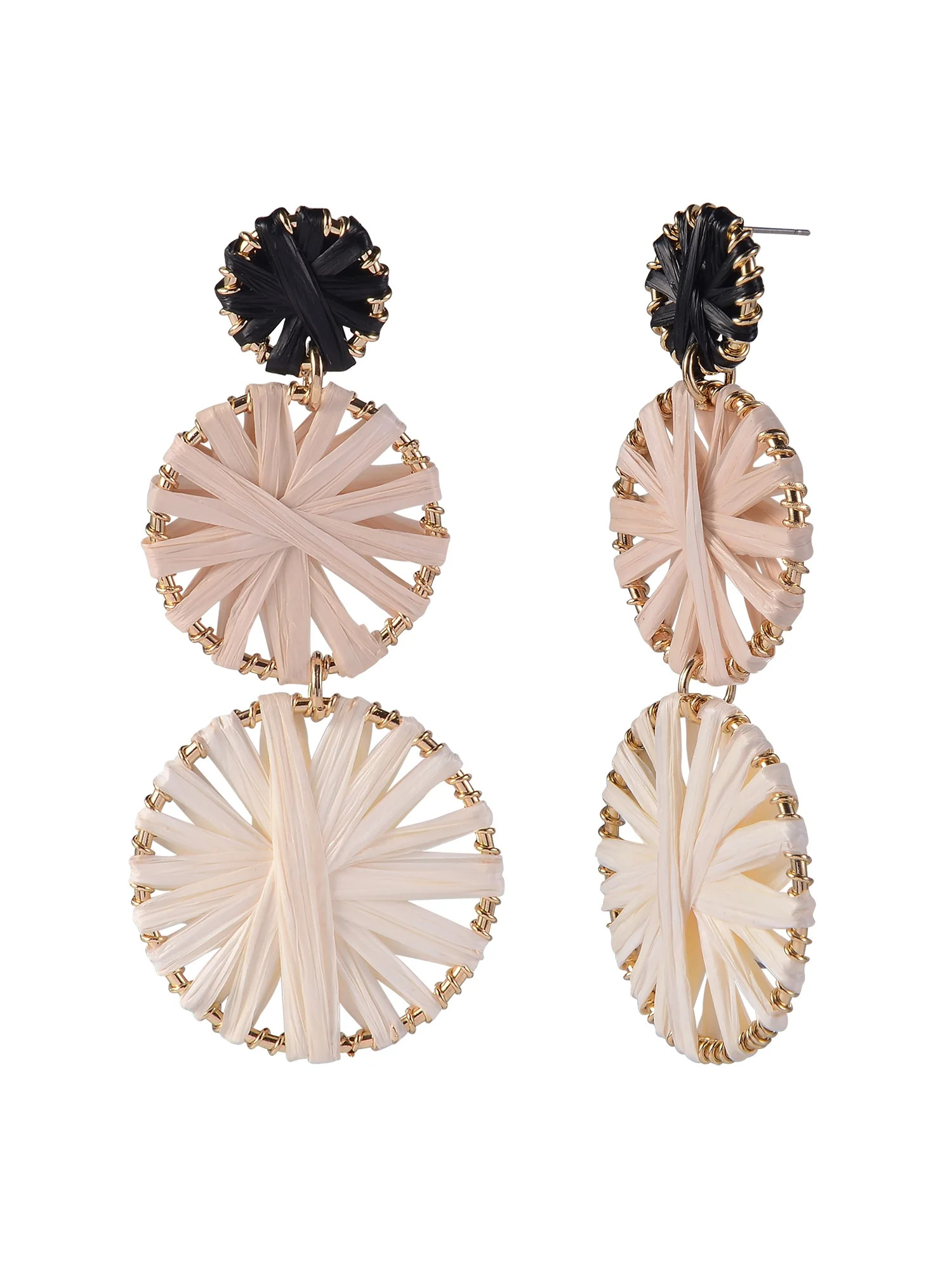Time and Tru Adult Female Gold-Tone Natural, White and Black Raffia Triple Drop Earring | Walmart (US)