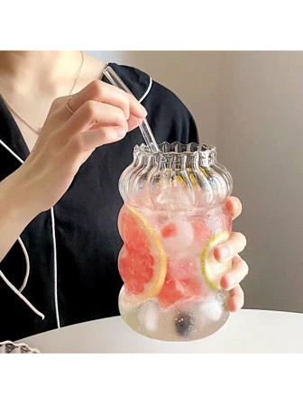 Glas Kalt Kaffeetasse mit & Stroh Retro Becher Transparent Wasser Trinkgeschirr Milch Saft Tassen... | SHEIN