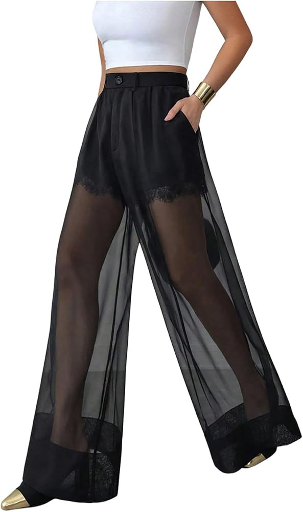 WDIRARA Women's Sheer Mesh Palazzo Pants with Lace Lining | Amazon (US)