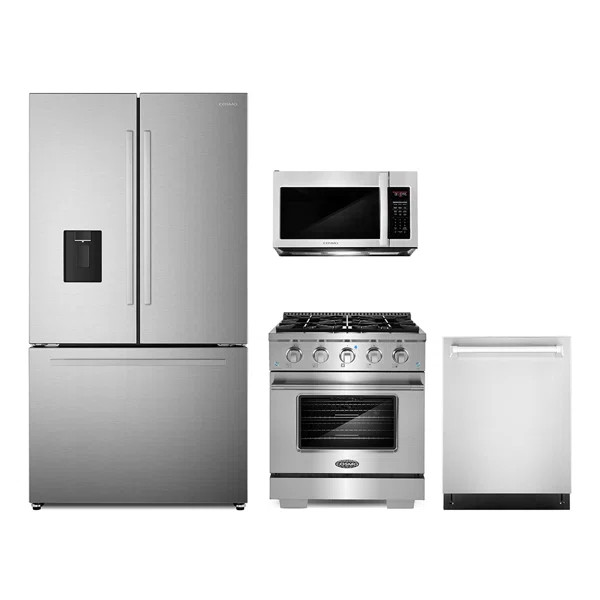 Cosmo 4 Piece Kitchen Appliance Package with French Door Refrigerator , 30'' Gas Freestanding Ran... | Wayfair North America