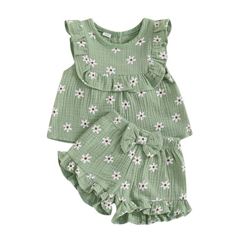 BemeyourBBs Summer Toddler Girl Clothes Baby Girl Ruffle Sleeveless Shirt with Buttons Bow Bloomers Shorts Set Cute Outfits (Floral Green, 3-4T) | Amazon (US)