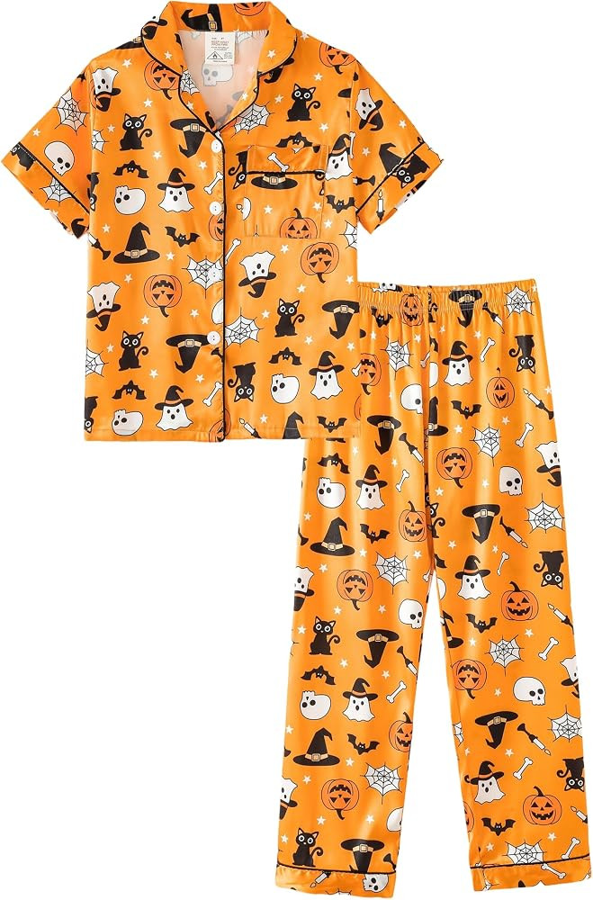 MyFav Halloween Pajama Set for Girls Button Down Silky Satin Sleepwear | Amazon (US)