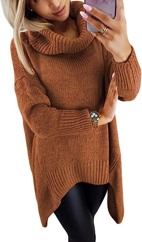 Women Turtleneck Long Sleeve High Low Pullover Sweater Knit Jumper(S-XL) | Amazon (US)