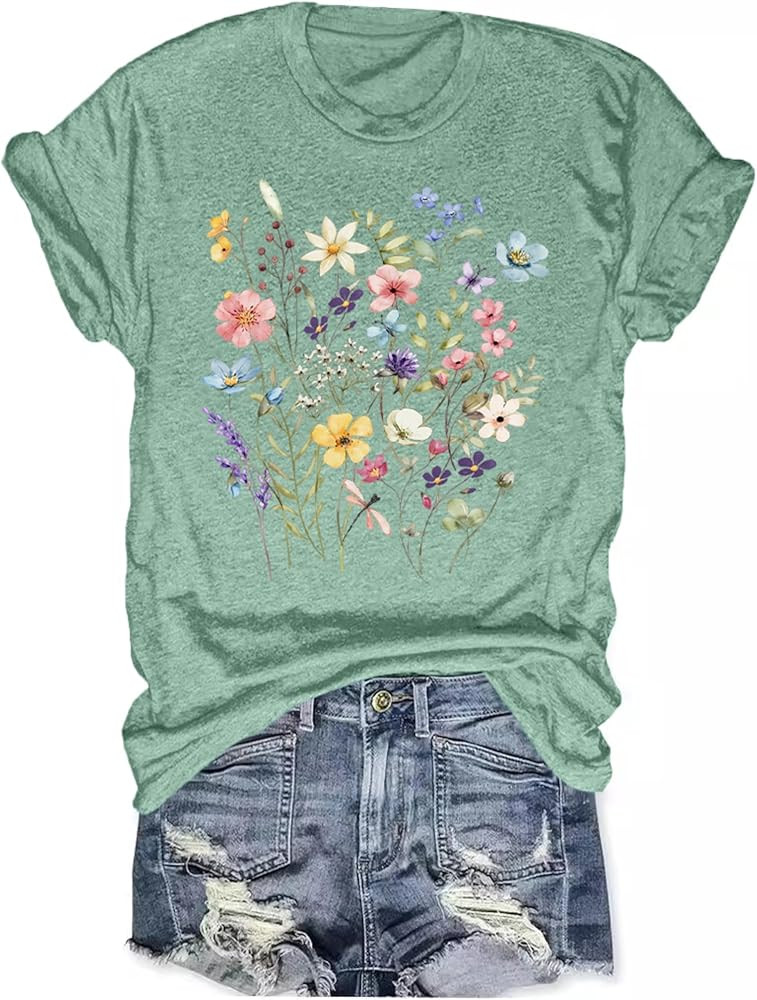 Women's Boho Wildflower Graphic Loose Tees Vintage Floral Short Sleeve T-Shirts Summer Cotton Tee... | Amazon (US)