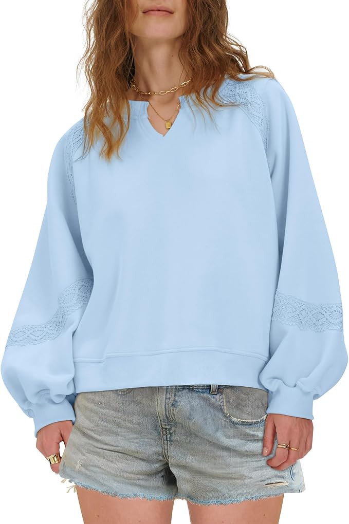 Gacaky Sweatshirt for Women Oversized Fleece V Neck Embroidered Crochet Cropped Pullover Comfy Fa... | Amazon (US)