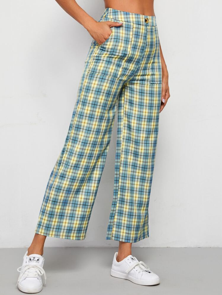 Multicolorido Botão Tartan Formal Calças | SHEIN