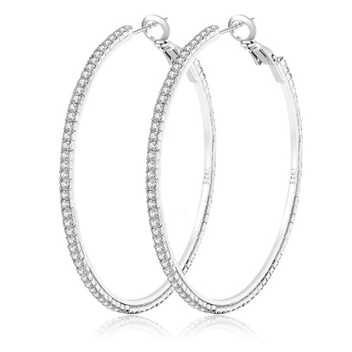 925 Sterling Silver Earrings Large Rhinestone Hoop Earrings Big Cubic Zirconia Hoop Earrings Thin... | Amazon (US)