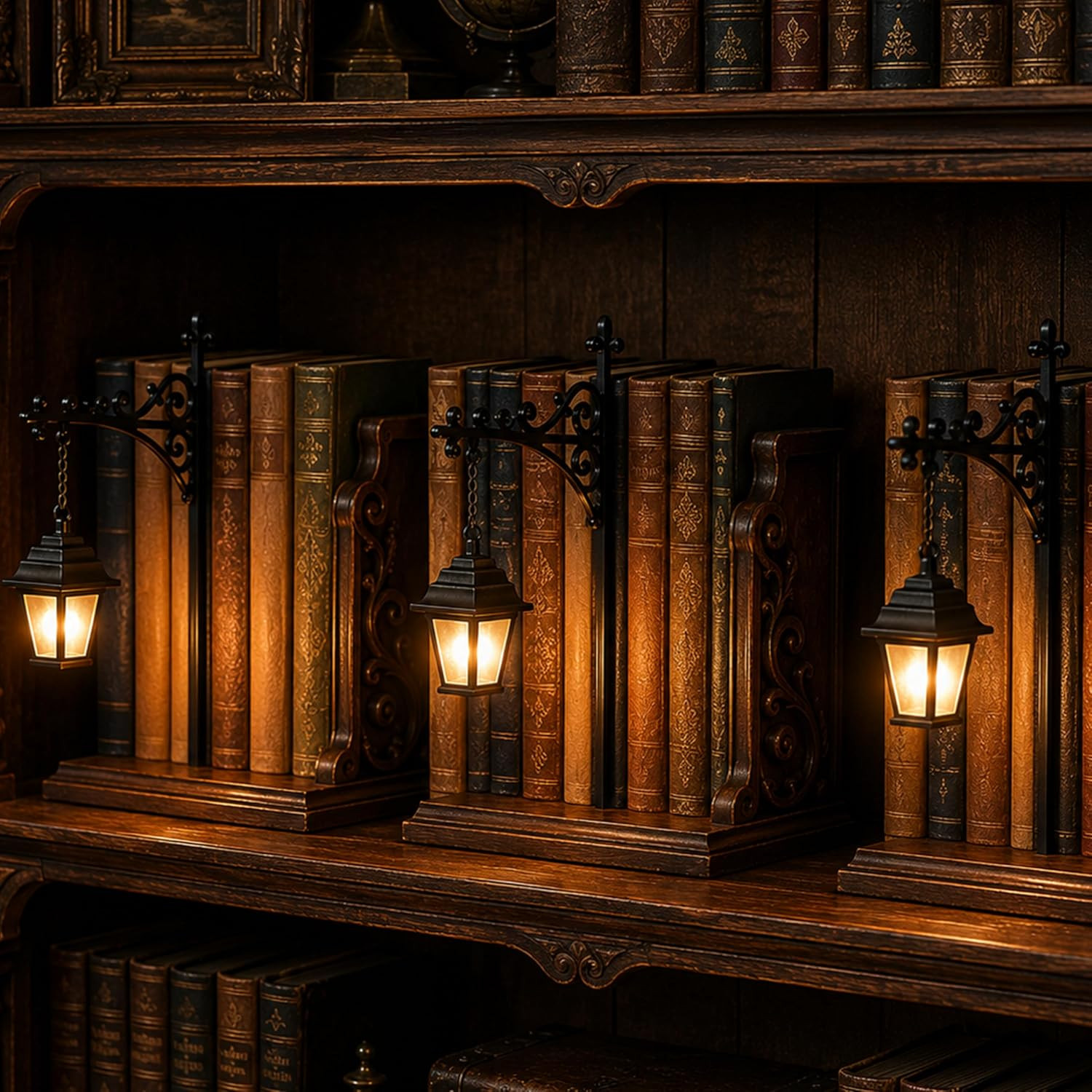 Library Lantern Bookshelf Lamp, Vintage Hanging LED Bookshelf Lights with Bookend-Style Base, Warm Decorative Bookshelf Lighting for Book Nook, Home Library, Study and Reading Corner (3 Pcs) | Amazon (US)