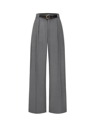 CIDER Mid Waist Solid Pocket Straight Leg Trousers with Belt: Grey, XL | Amazon (US)