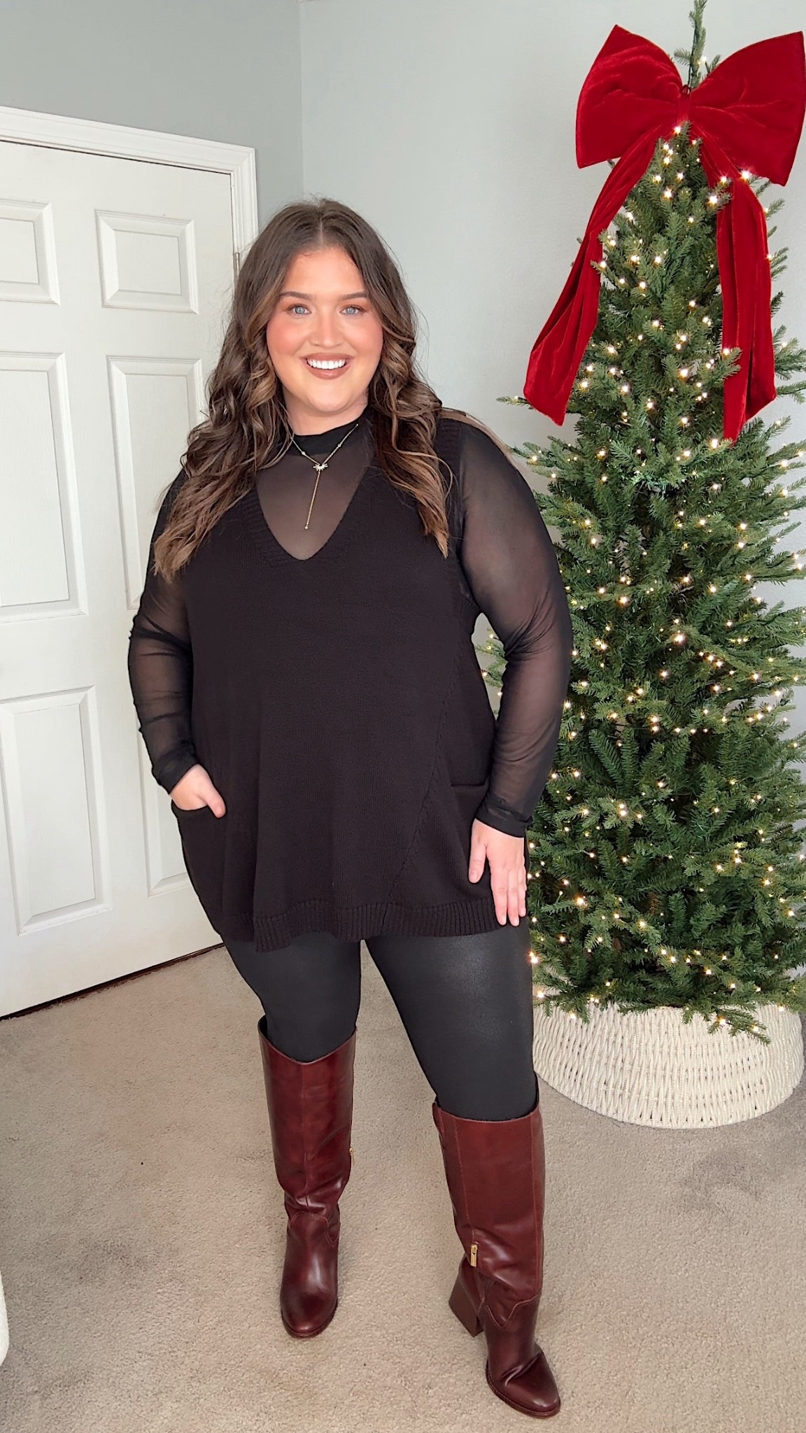 Cozy sweater vest OOTD from Amazon 🖤✨ All black mesh layering top, sweater vest + faux leather leggings with wide calf boots. Wearing a size XXL in everything except vest I sized up 3XL

#LTKootd #LTKPlusSize #LTKHoliday