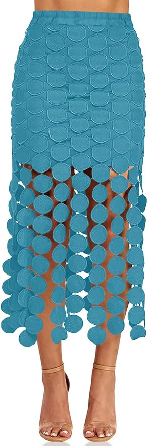 Cicy Bell Womens Hollow Out Maxi Skirts Summer High Waisted Boho Fringe Hem Skirt Beach Vacation ... | Amazon (US)
