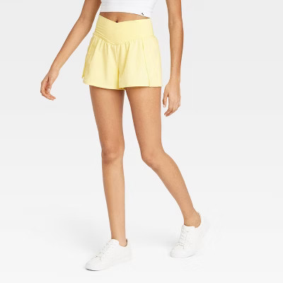 Women's Crossover Waistband High Rise Woven Shorts - JoyLab™ Yellow XL: Built-in Shorts, Midweight Fabric, Pull-On Closure, 3.25" Inseam | Target