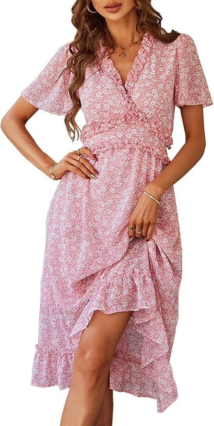 Raikamitu Women's Spring Summer Casual Deep V Neck Ruffle Short Sleeve Floral Print Midi Dress | Amazon (US)