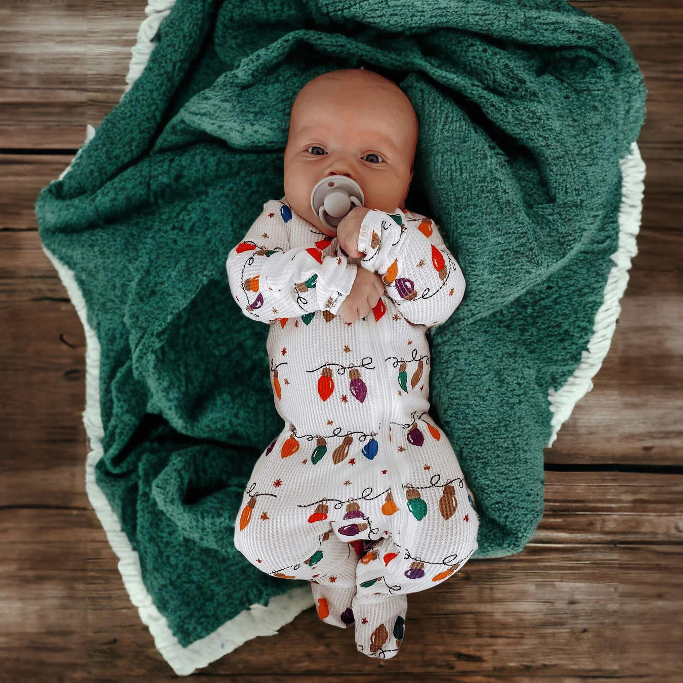 Organic Waffle Basic Zip Footie, Christmas Lights | SpearmintLOVE