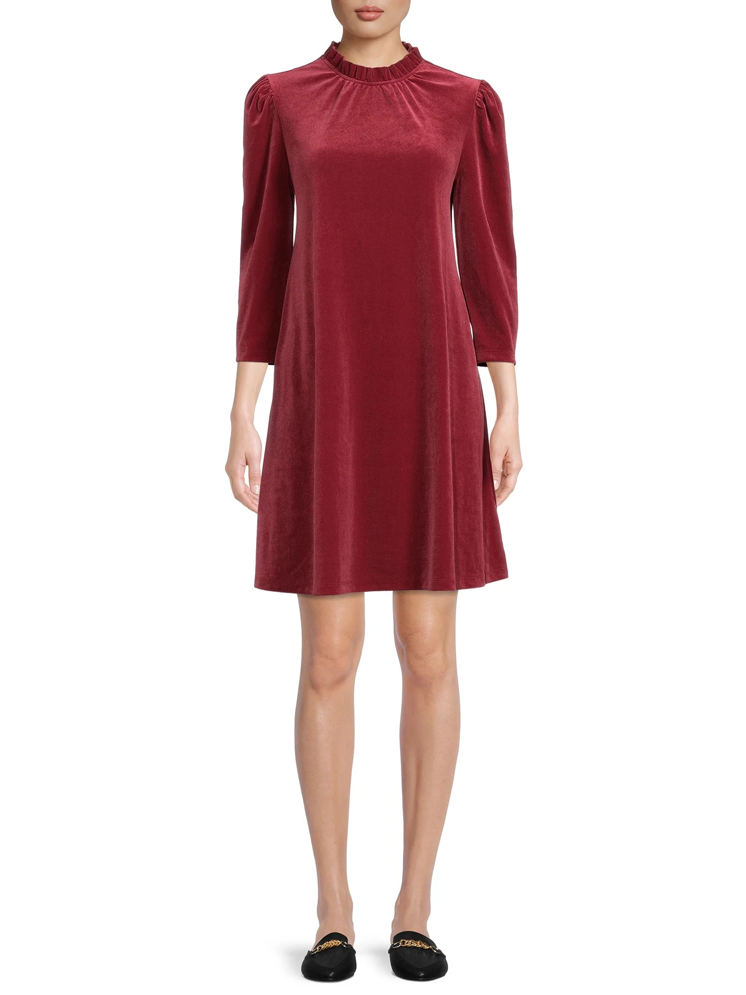 Time and Tru Women’s Velvet Dress with 3/4-Length Sleeve - Walmart.com | Walmart (US)