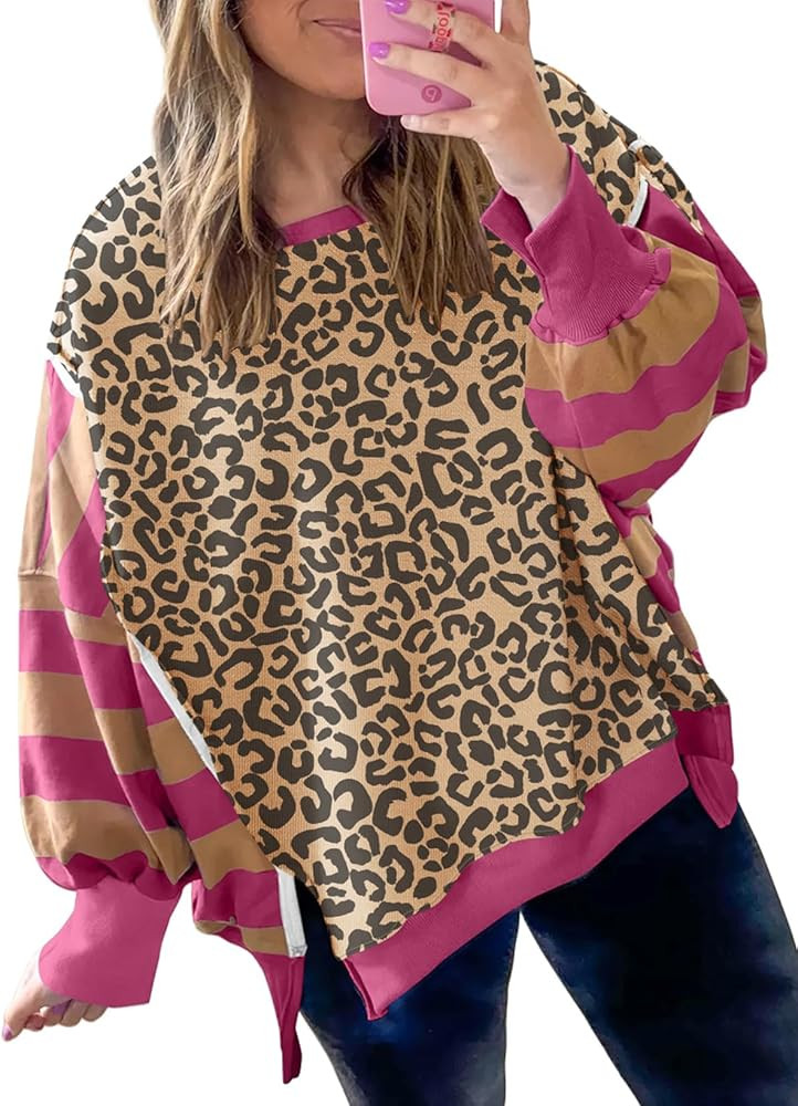 Striped Leopard Sweatshirt for Women Color Block Patchwork Drop Shoulder Side Slit Pullover Shirt... | Amazon (US)
