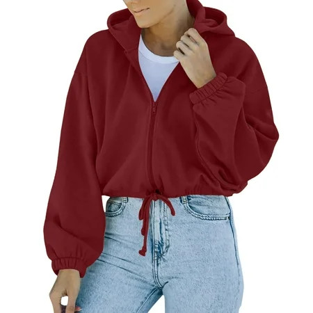 Cropped Fall Jackets for Women Zip Up Oversized Hoodie Solid Color Drawstring Hooded Sweatshirt Long | Walmart (US)
