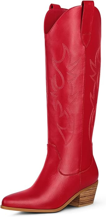 Ouepiano Cowboy Boots for Women Knee High Wide Calf Cowgirl Boots Embroidered Chunky Heels Pointe... | Amazon (US)