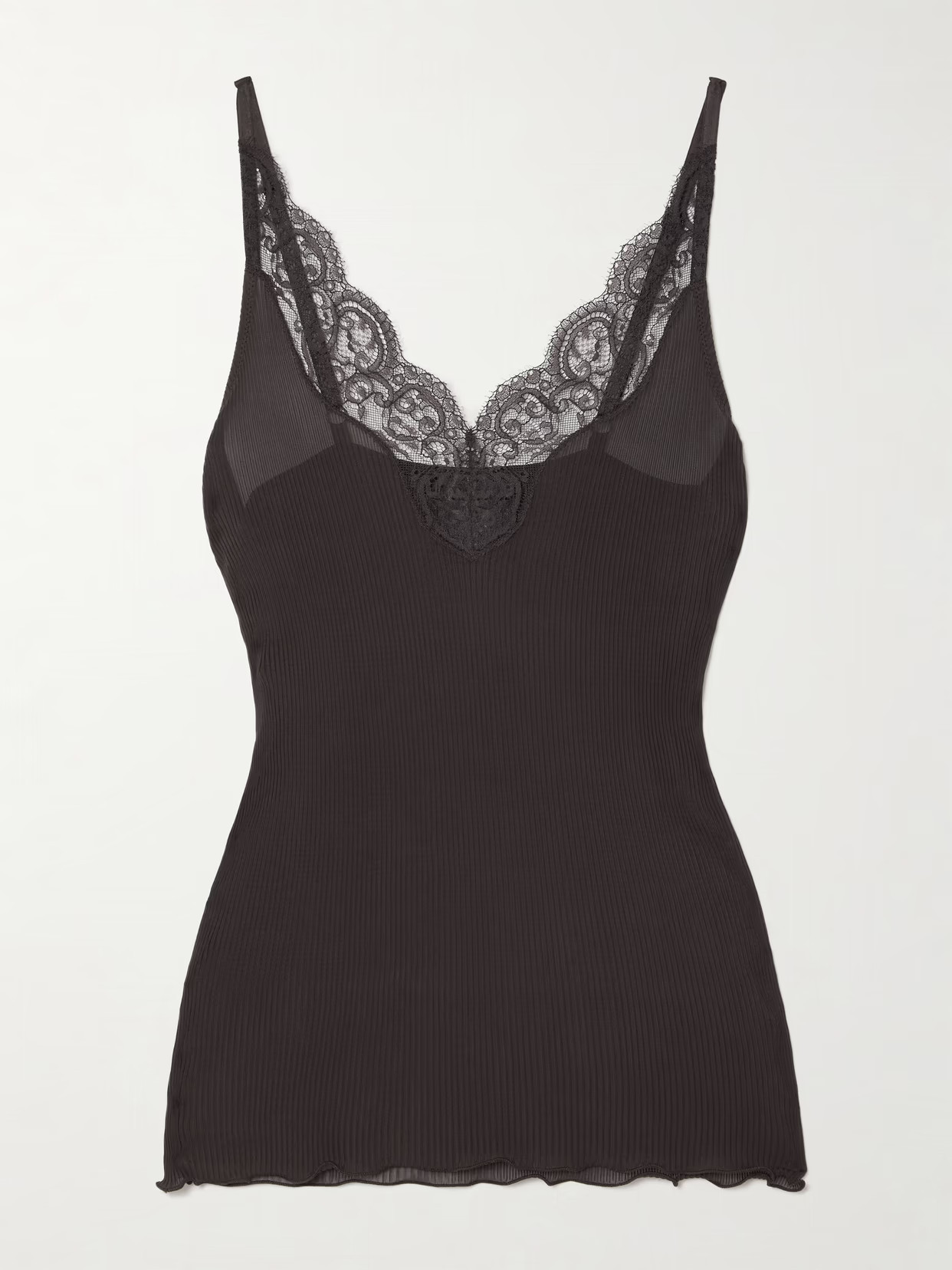 SAINT LAURENT - Lace-trimmed Ribbed Silk-jersey Tank - Brown | NET-A-PORTER (US)