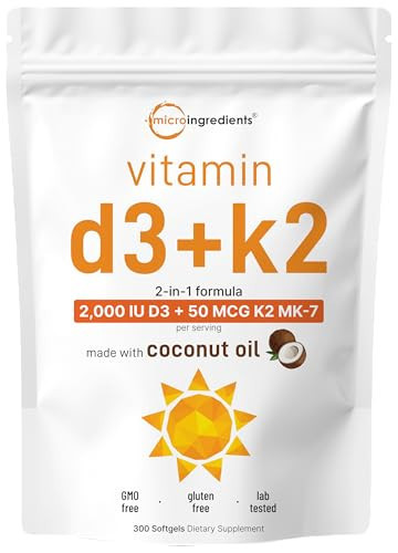 Micro Ingredients Vitamin D3 2,000 IU + K2 MK-7 50 mcg, 300 Softgels | Made with Coconut Oil | 2-in-1 Formula | Easy to Swallow, Non-GMO | Amazon (US)