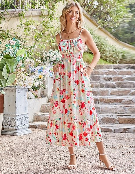 GRACE KARIN Womens 2025 Summer Maxi Dress Sleeveless Floral Spaghetti Strap Smocked Boho Beach Lo... | Amazon (US)