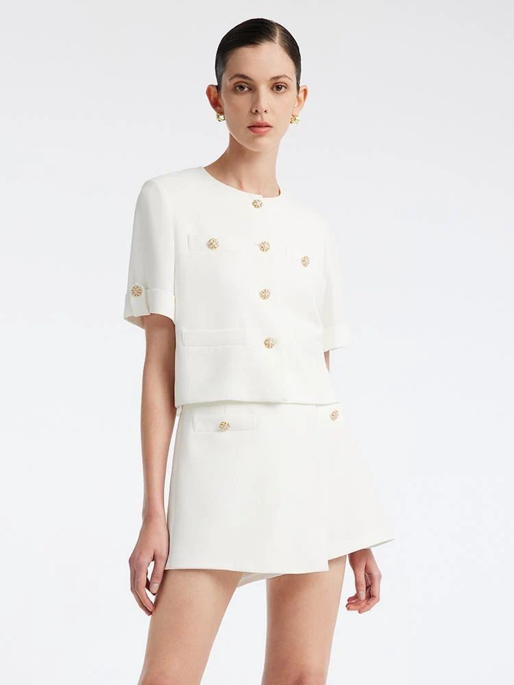 White Acetate Blazer And Shorts Two-Piece Suit | GOELIA
