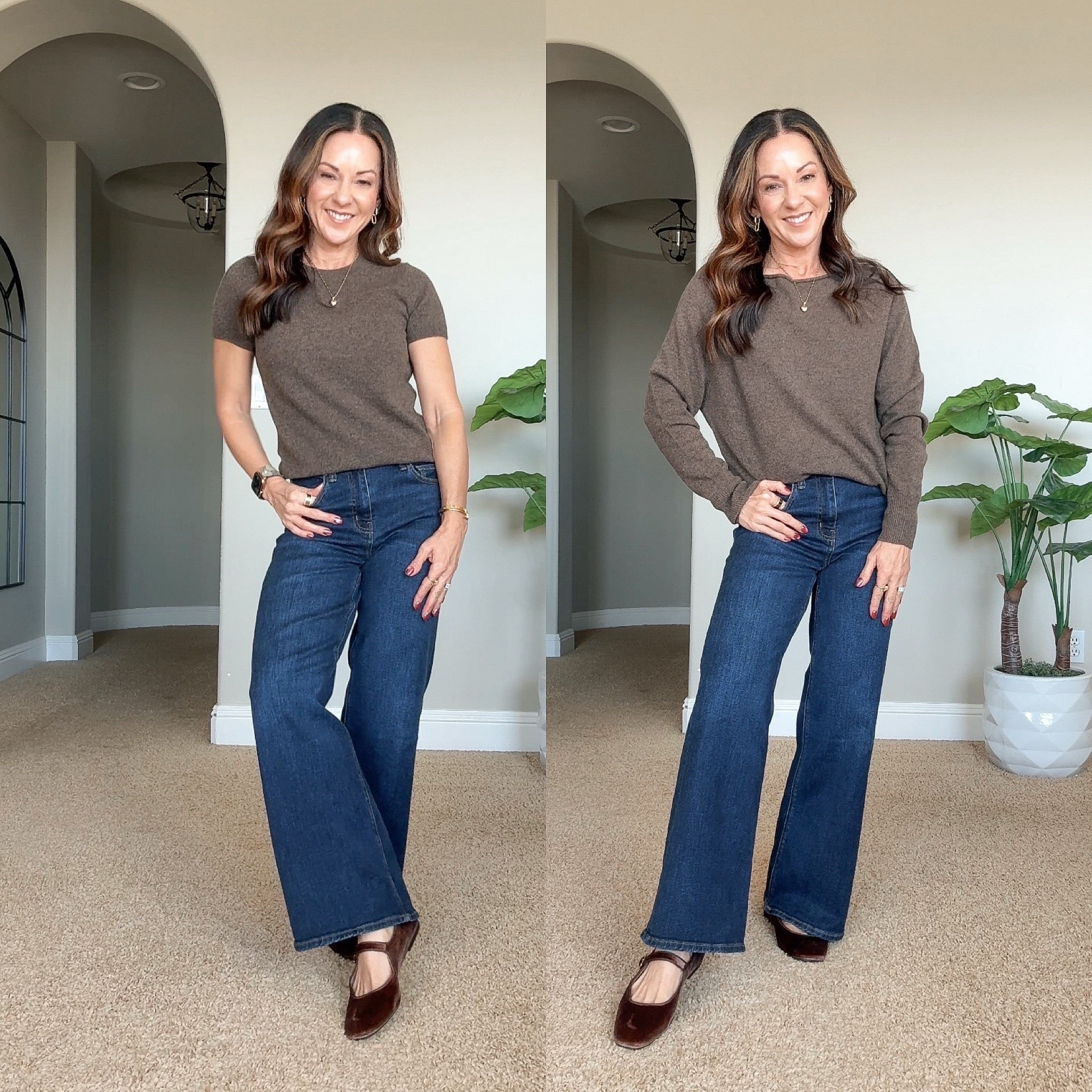 Outfits perfect for every day and the office with my favorite sweat sweaters from Quince. These are Mongolian cashmere sweaters that feel absolutely incredible and they’re perfect for all seasons! I’m wearing size extra small in the sweaters. The Bella wide leg stretch jeans come in for length options. I am wearing the size 25 in the 28 inch in the color midnight blue. 
 
For reference I’m 5’1” 109 LBS.  
@Quince 
#quincepartner

#LTKPetite #LTKootd #LTKSeasonal