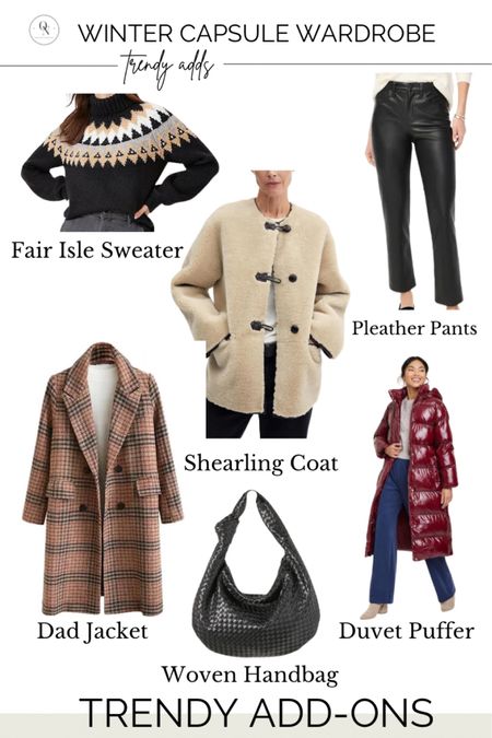 Trendy pieces for winter // remember if you feel like you have nothing to wear, you’re probably missing good basics. Start with my list of basics first and then add in trendier items like a shearling coat, dad plaid jacket, woven handbag, duvet puffer in a fun color, pleather vegan pants or a fair lisle sweater 

#LTKSeasonal #LTKstyletip #LTKHoliday