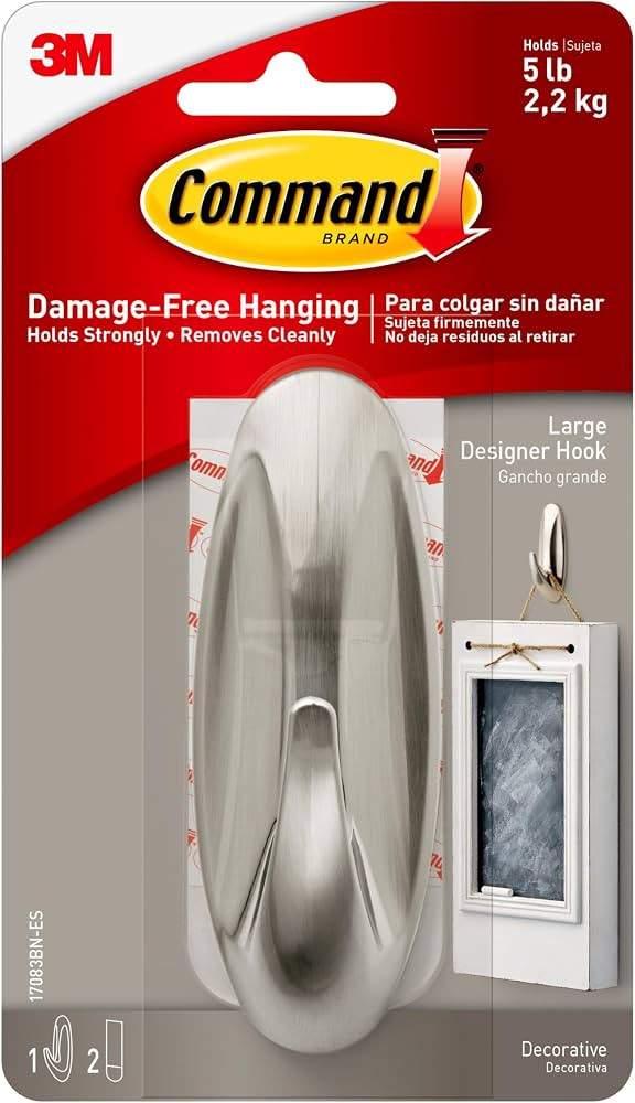 Command Large Designer Hook, Holds up to 5 lb, 1 Wall Hook with 2 Command Strips, Brushed Nickel ... | Amazon (US)