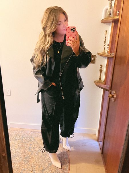 My parachute pants have been on repeat! Love this edgy look with the faux leather jacket! 
Pants size xl
Jacket size xxl
Tank large
Boots tts 

#LTKmidsize #LTKfindsunder50 #LTKstyletip