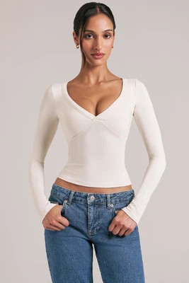 V-Neck Long-Sleeve Top  in Vanilla | Oh Polly