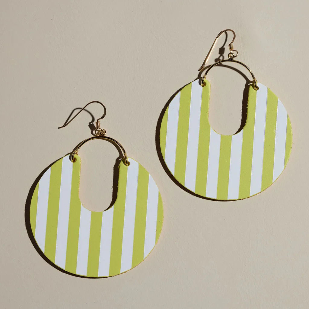 Chartreuse Stripe Leo Leather Hoop Earrings | Nickel and Suede