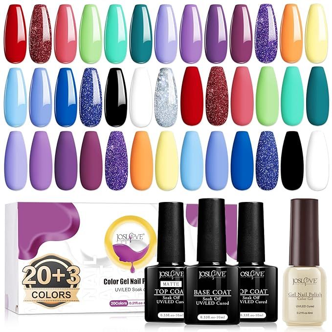 JOSLOVE Gel Nail Polish Set, Gel Nail Polish Starter Kit 20 Colors +3 Pcs Soak Off Gel Polish wit... | Amazon (US)