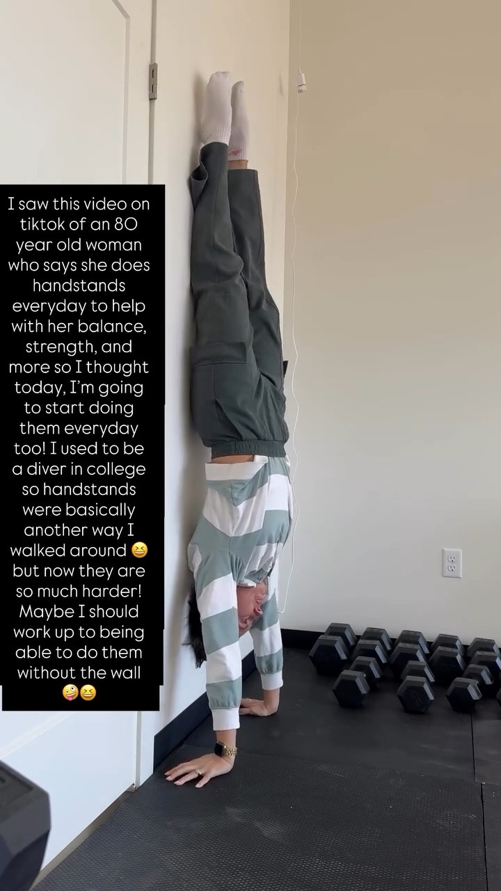 I saw this video on tiktok of an 80 year old woman who says she does handstands everyday to help with her balance, strength, and more so I thought today, I’m going to start doing them everyday too! I used to be a diver in college so handstands were basically another way I walked around 😆 but now they are so much harder! Maybe I should work up to being able to do them without the wall 🤪😆