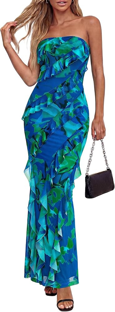 BTFBM Spring Dresses for Women 2026 Strapless Maxi Ruched Bodycon Floral Ruffle Cocktail Formal W... | Amazon (US)
