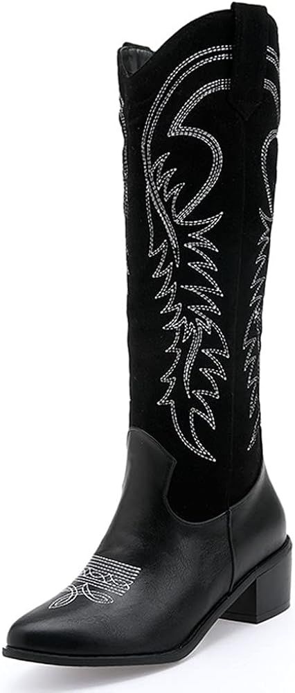 Womens Western Cowgirl Mid Calf Boots Square-Toe Chunky Heel Pull On Cowboy Knee High Boots Winter K | Amazon (US)