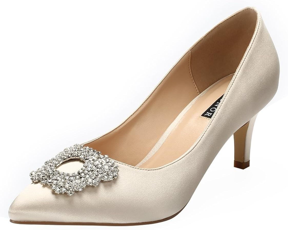 ERIJUNOR Women's Pumps Low Heel Rhinestone Brooch Satin Evening Dress Wedding Shoes | Amazon (US)
