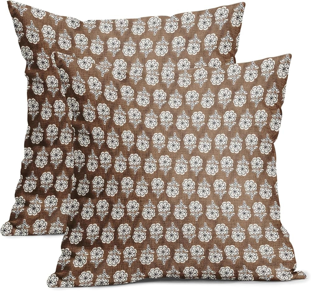 Floral Pillow Covers 18X18 Inch Set of 2 Brown Flowers Block Print Decorative Pillow Cases Farmho... | Amazon (US)