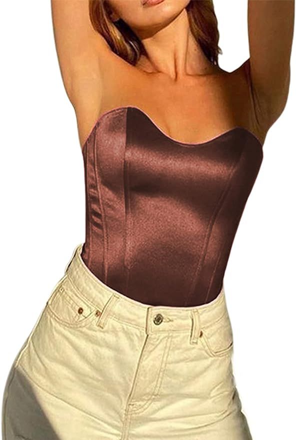 Avanova Women's Sexy Strapless Bustier Corset Asymmetrical Hem Satin Crop Tube Top | Amazon (US)