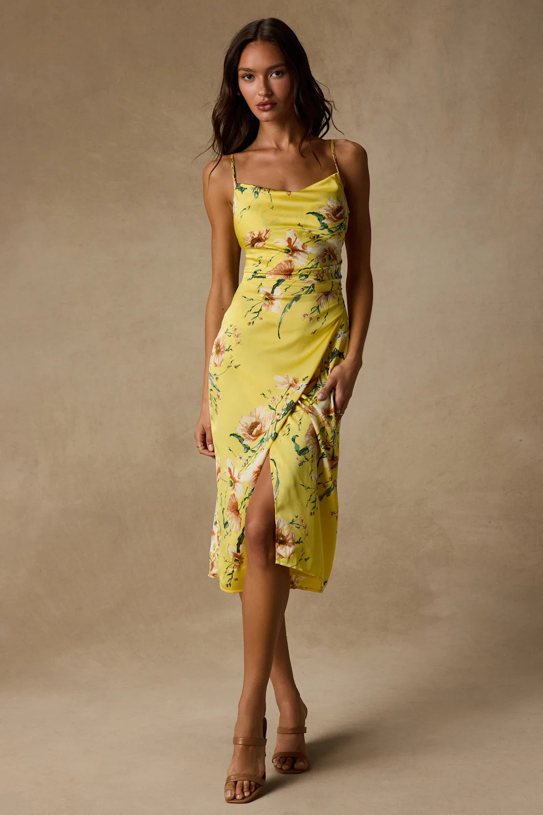 Sunny Blossom Yellow Floral Print Satin Cowl Neck Midi Dress | Lulus