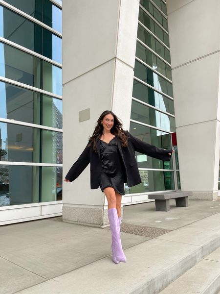 Purple boots, silk dress, oversized blazer, lbd, knee high boots, JustFab boots, black dress

#LTKFind #LTKstyletip #LTKshoecrush