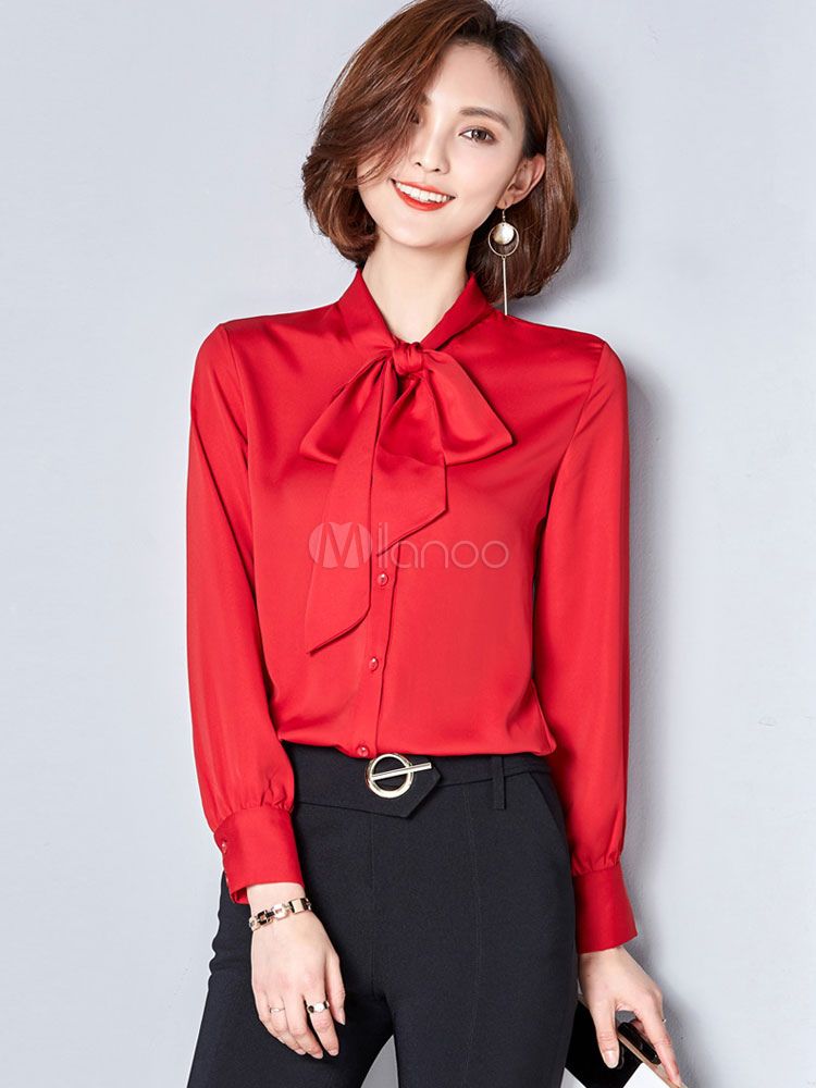Chiffon Red Blouse Embellished Collar Long Sleeve Casual Top For Women | Milanoo