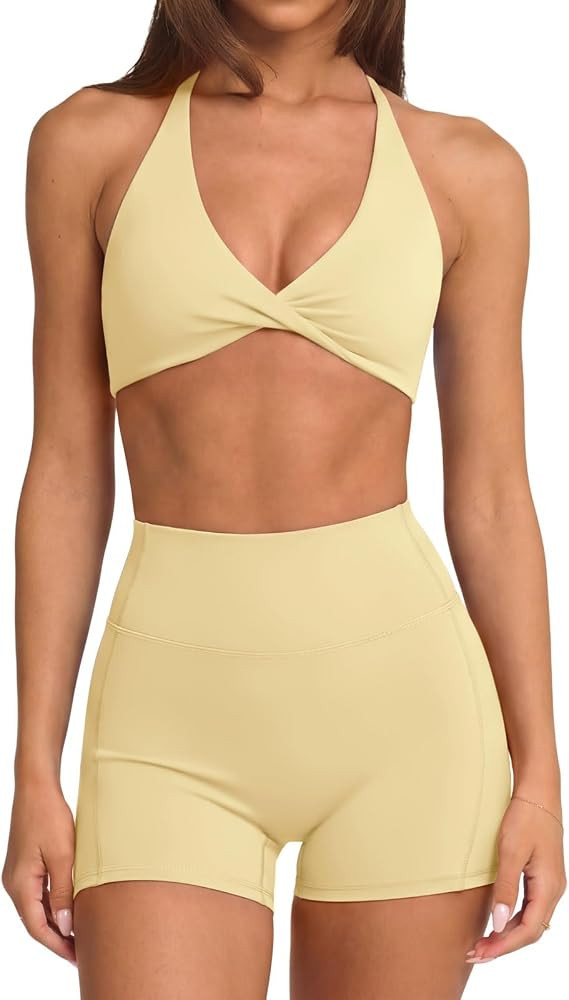 SUUKSESS Women 2 Piece Workout Sets Twist V Neck Sports Bra Yoga Gym Biker Short | Amazon (US)