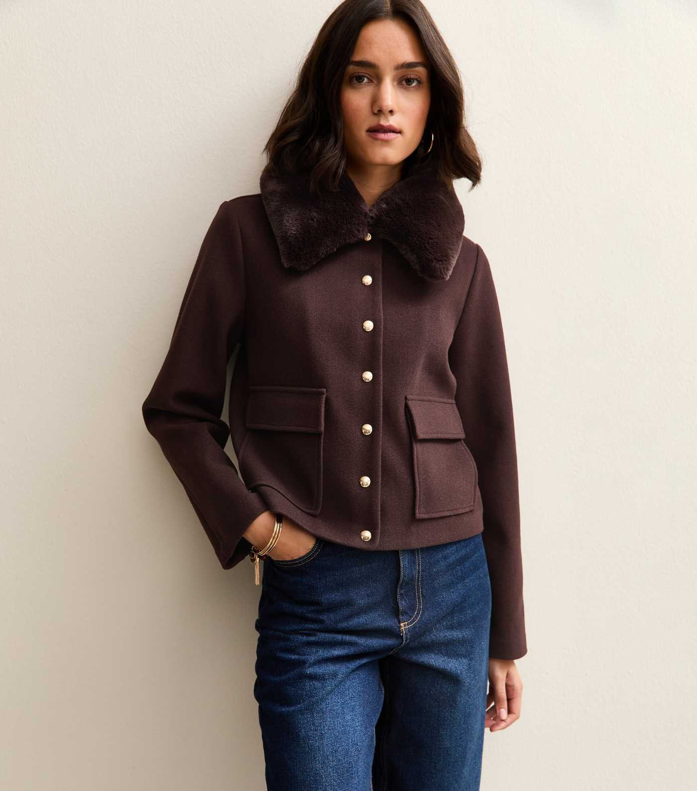 Dark Brown Faux Fur Collar Short Shacket | New Look | New Look (UK)