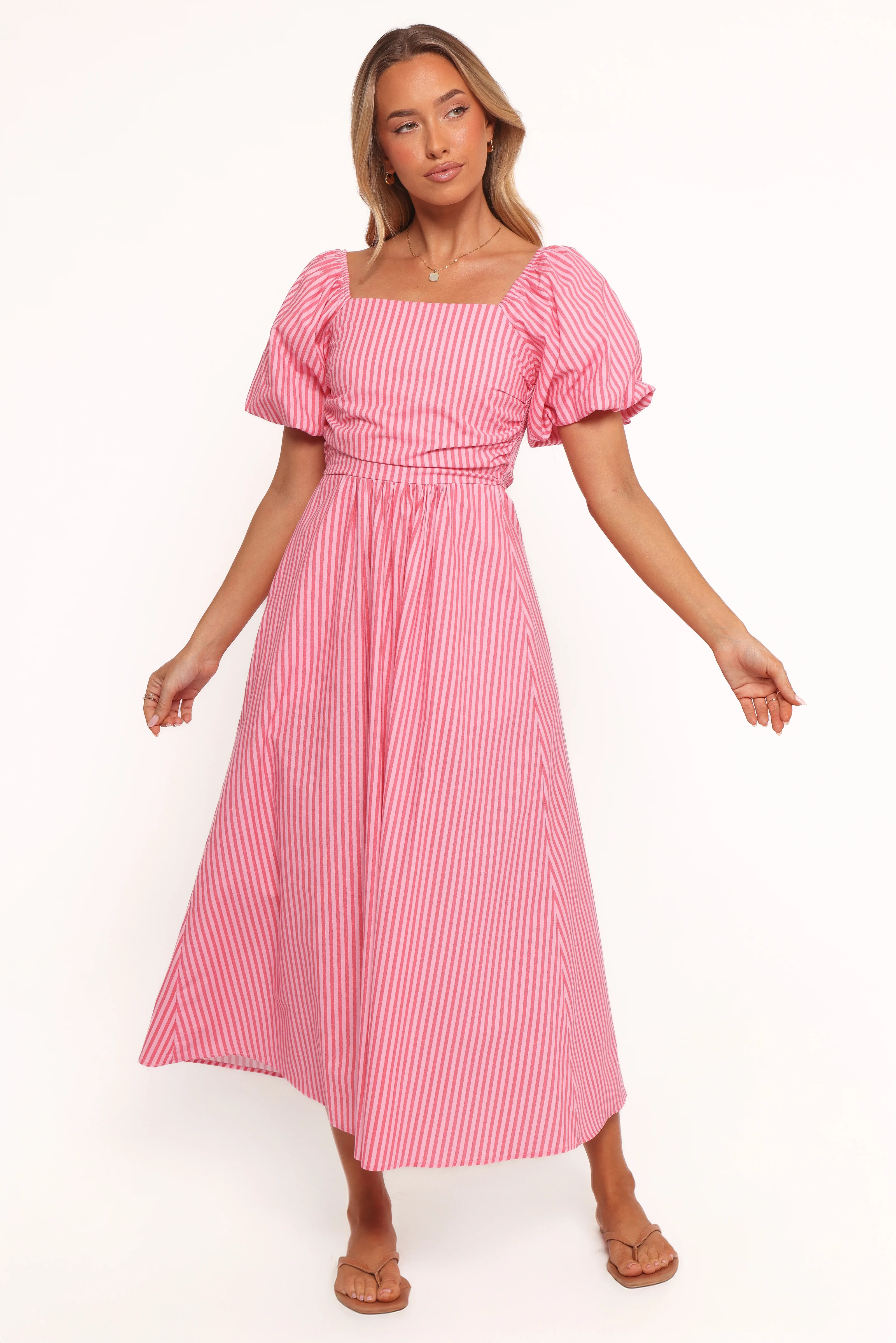 Chlo Puff Sleeve Midi Dress - Red Stripe | Petal & Pup (AU)