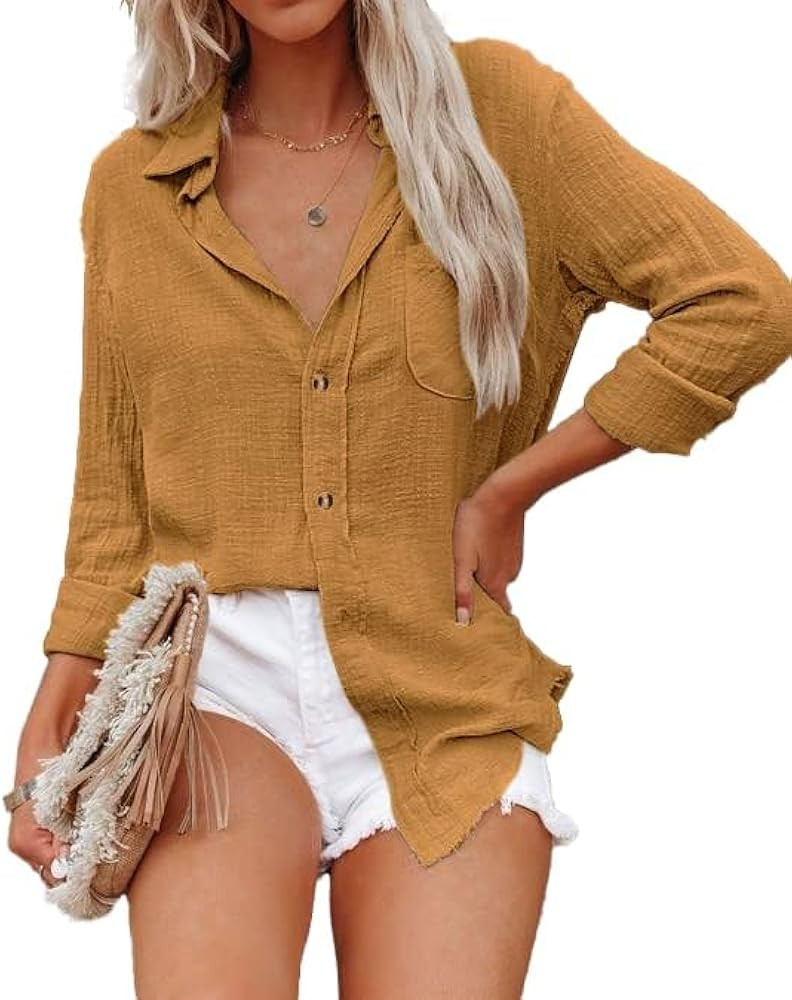 Women's Bamboo Cotton Linen V Neck Button Down Shirt Long/Roll Up Sleeve Casual Collared Work Blo... | Amazon (US)