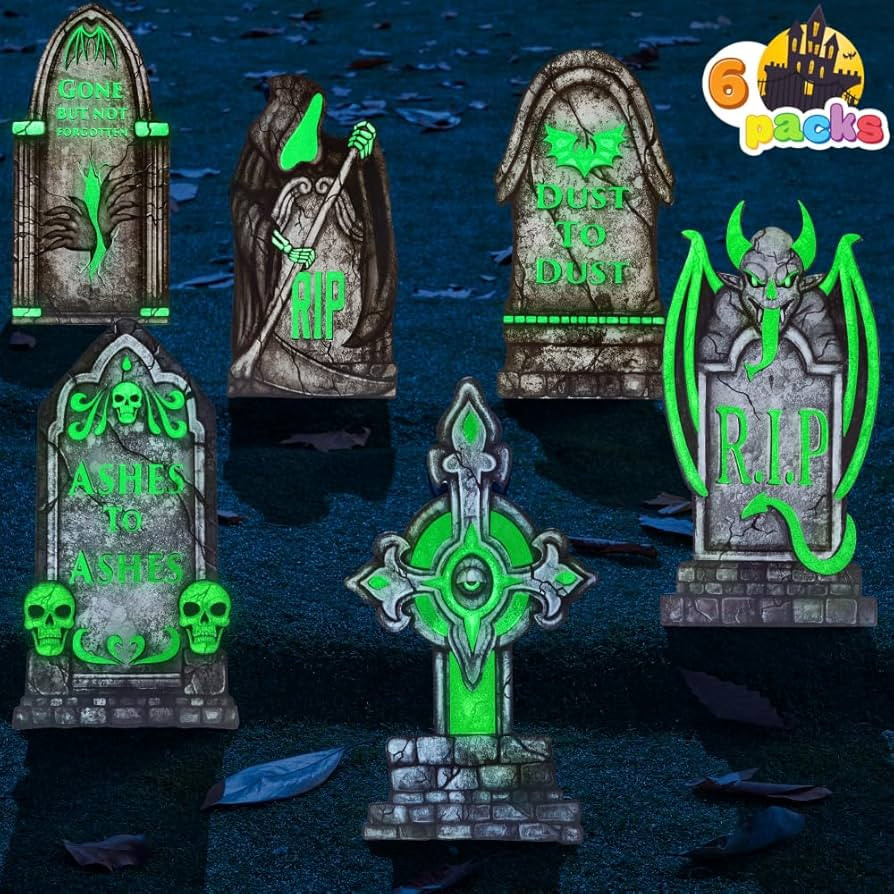 JOYIN 16” Halloween Decorations Outdoor Graveyard Tombstones Fluorescent, 6 Pcs Glow in The Dar... | Amazon (US)