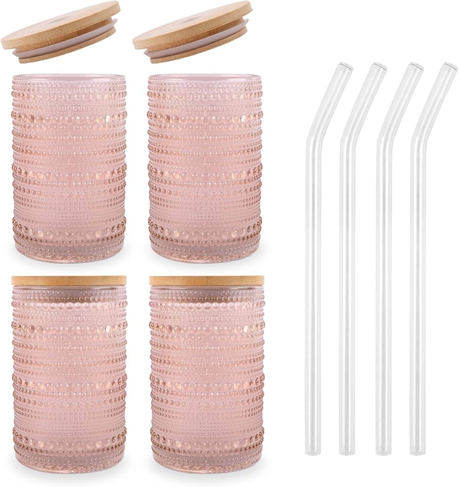Amazon.com | Vintage Drinking Glasses Set of 4 with Bamboo Lids, Textured Clear Striped Ribbed Gl... | Amazon (US)